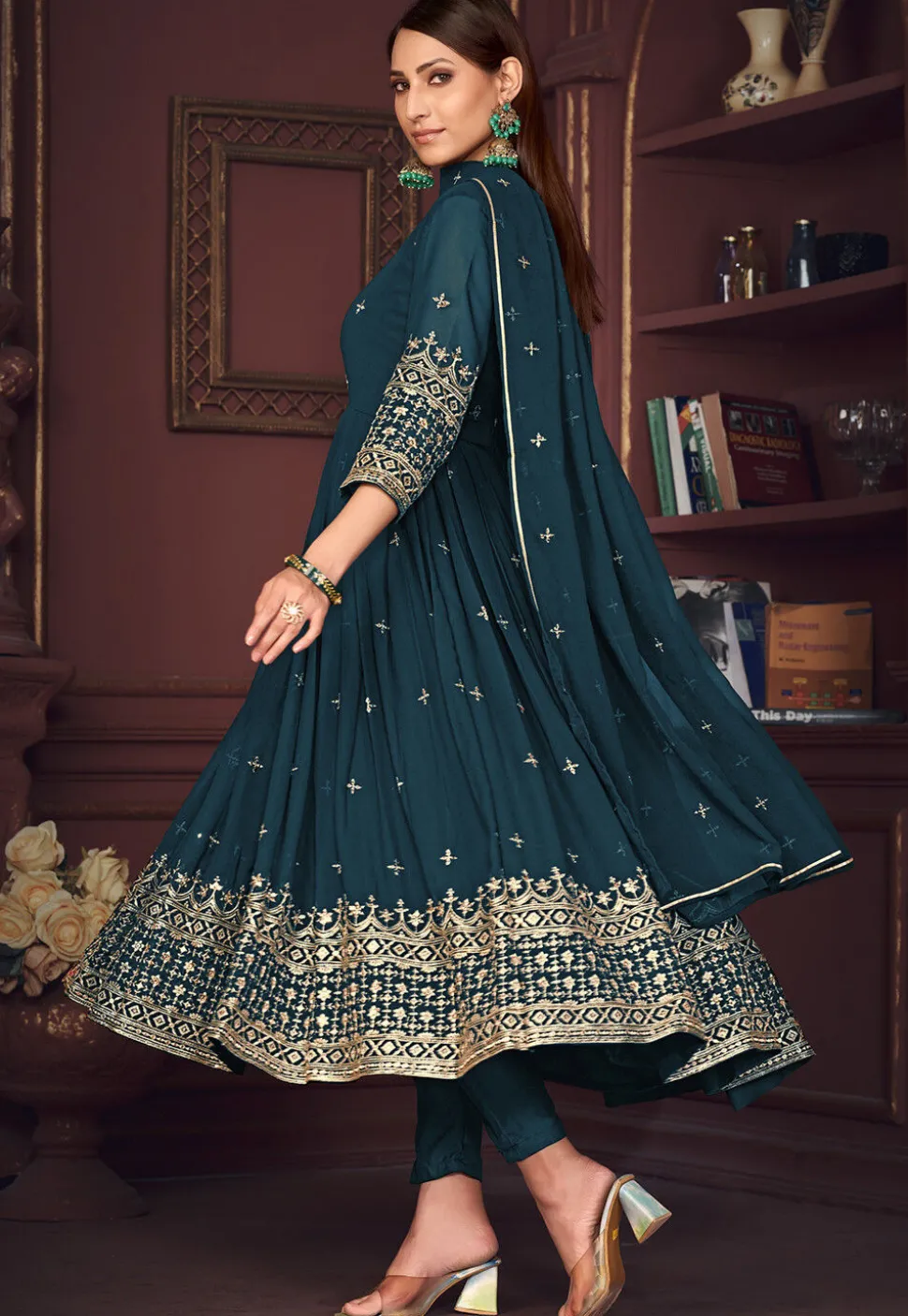 Embroidered Georgette Anarkali Suit in Teal Blue