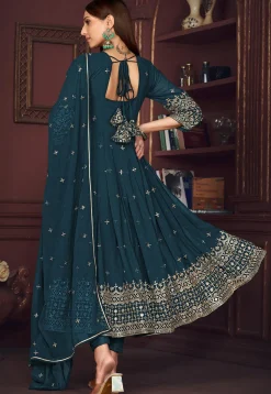 Embroidered Georgette Anarkali Suit in Teal Blue
