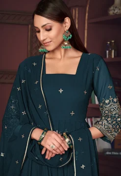 Embroidered Georgette Anarkali Suit in Teal Blue