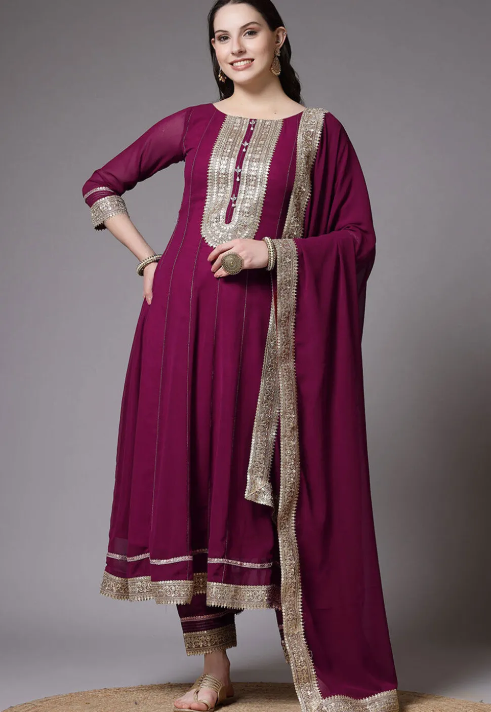 Embroidered Georgette Anarkali Suit in Magenta