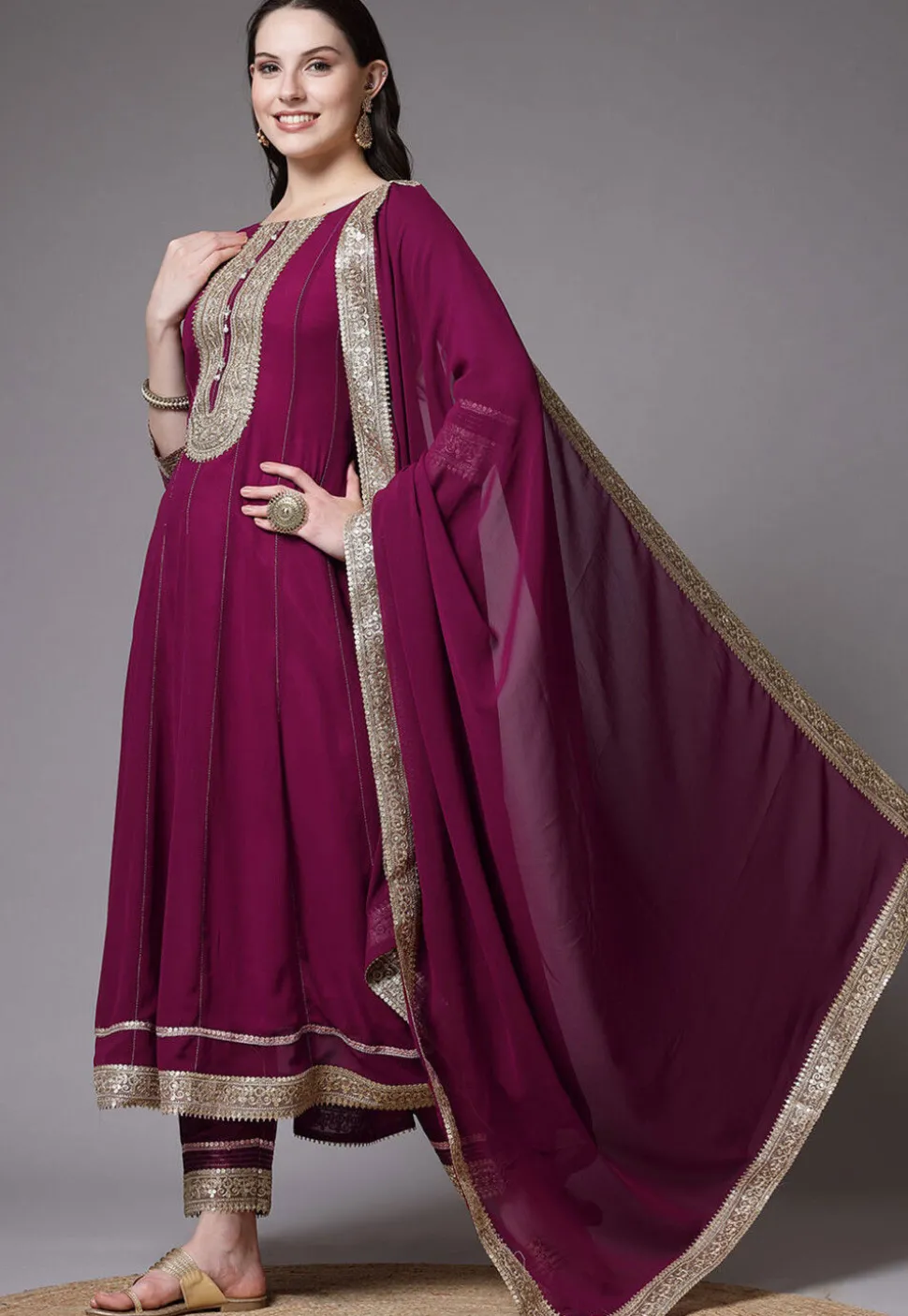 Embroidered Georgette Anarkali Suit in Magenta