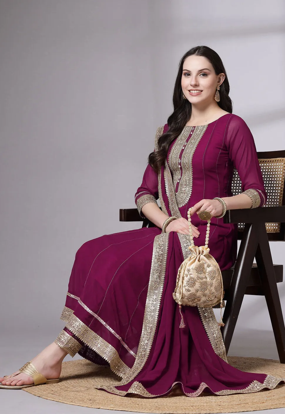 Embroidered Georgette Anarkali Suit in Magenta