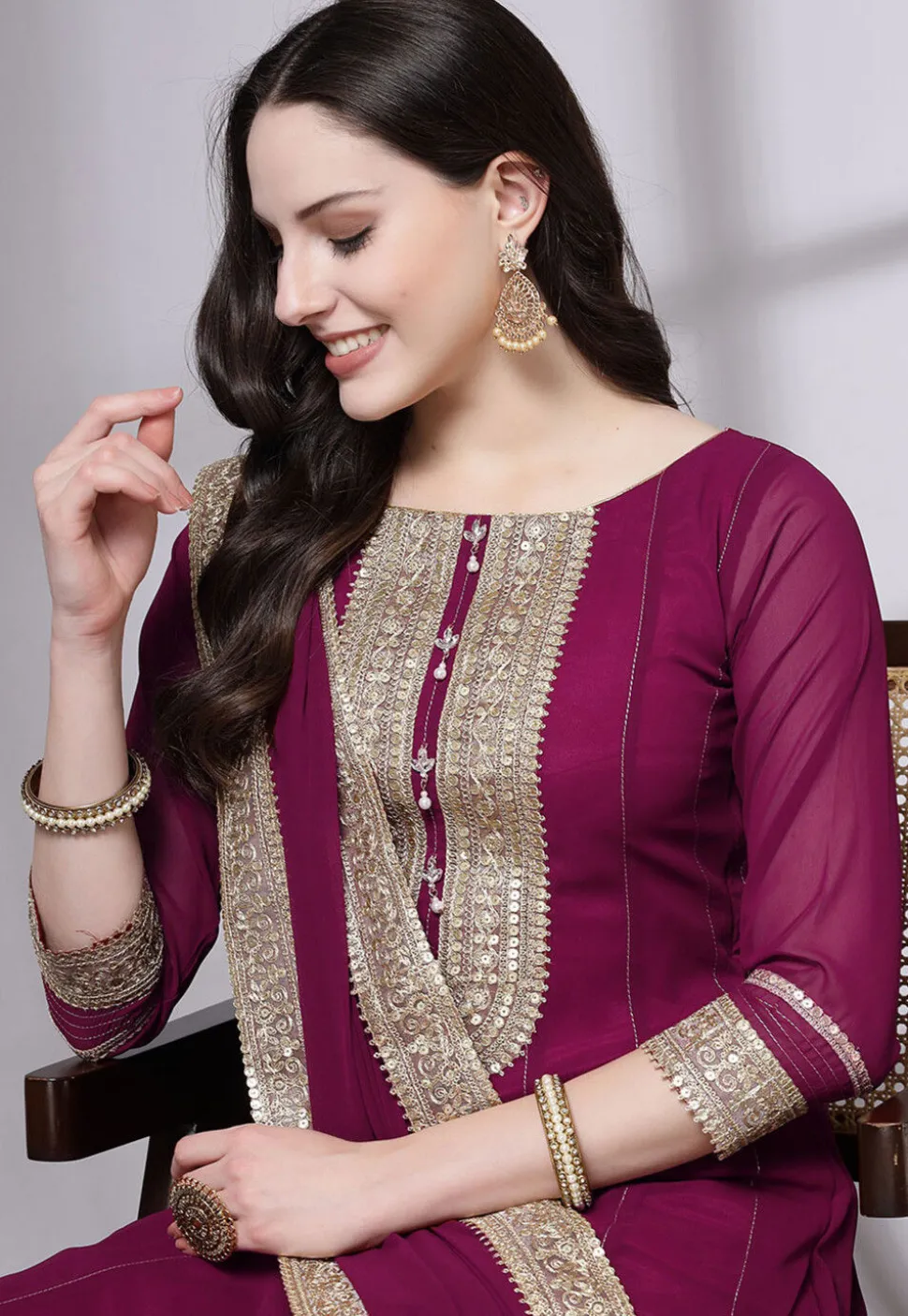 Embroidered Georgette Anarkali Suit in Magenta