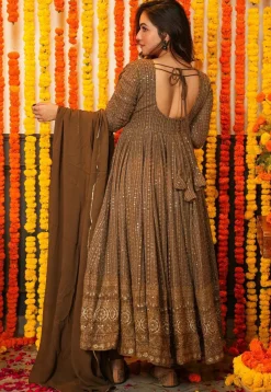 Embroidered Georgette Anarkali Suit in Brown