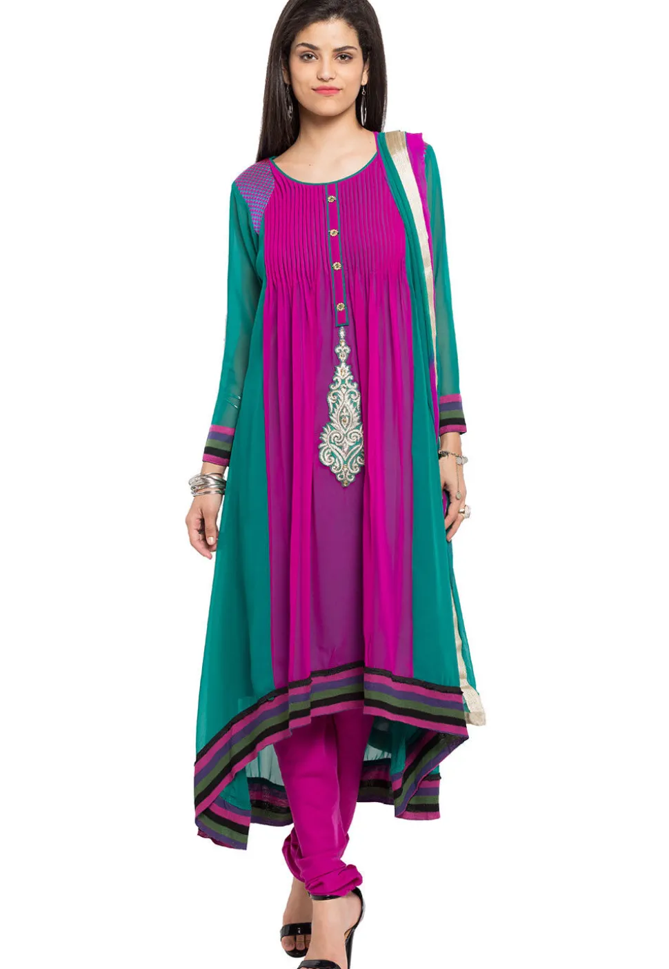 Embroidered Georgette Anarkali Suit in Magenta and Teal Green