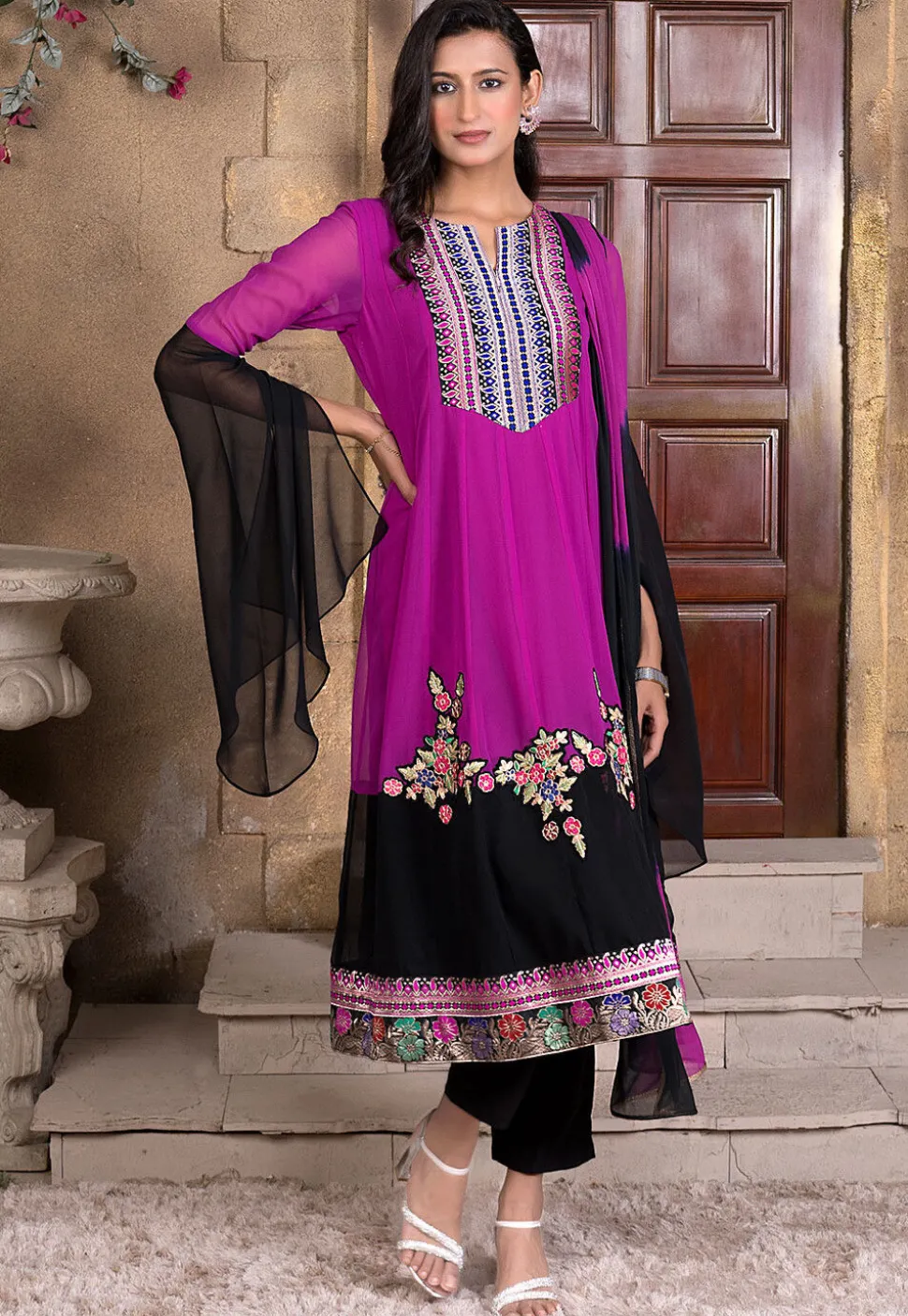 Embroidered Georgette Anarkali Suit in Magenta