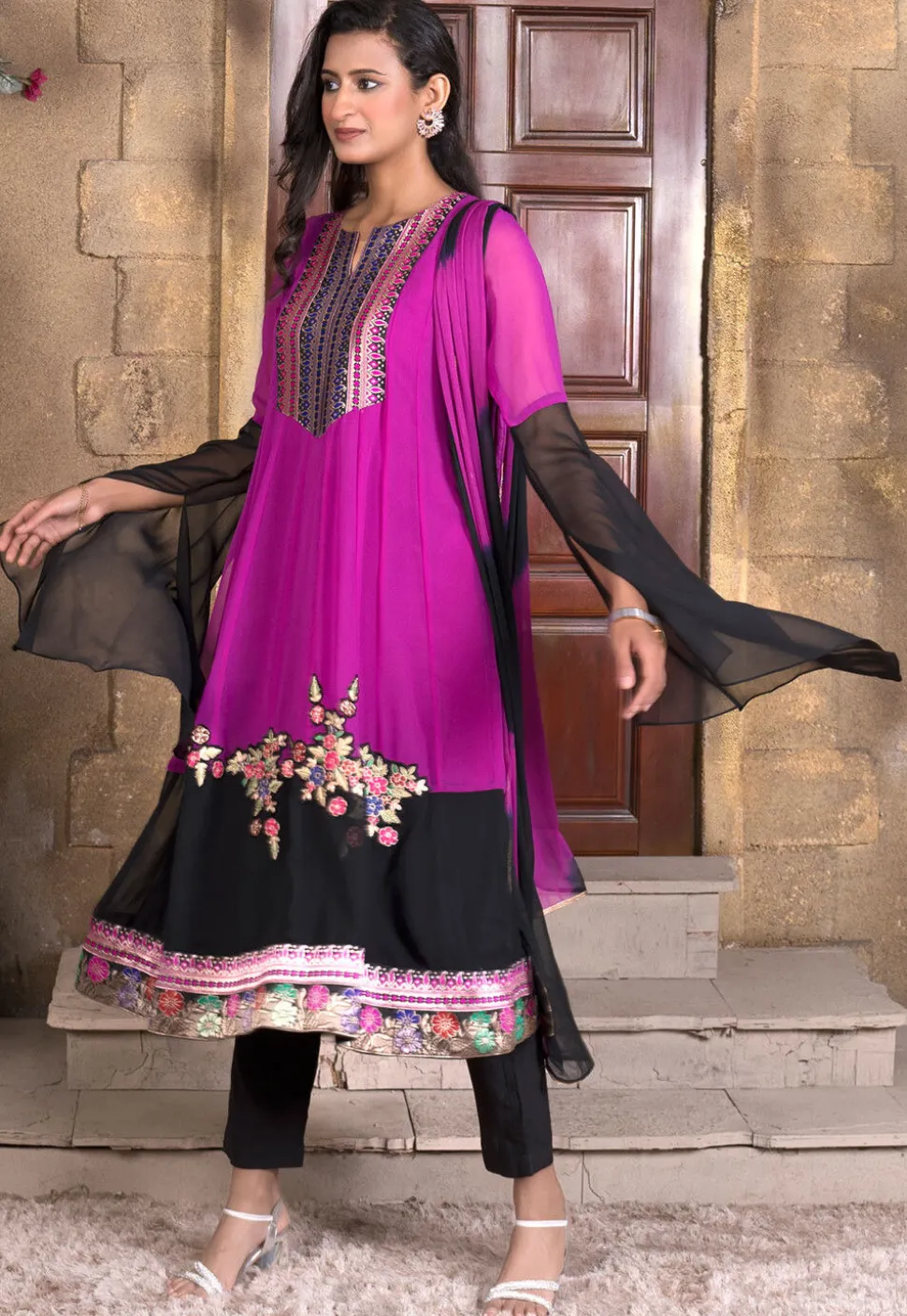 Embroidered Georgette Anarkali Suit in Magenta