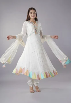 Embroidered Georgette Anarkali Suit in Off White