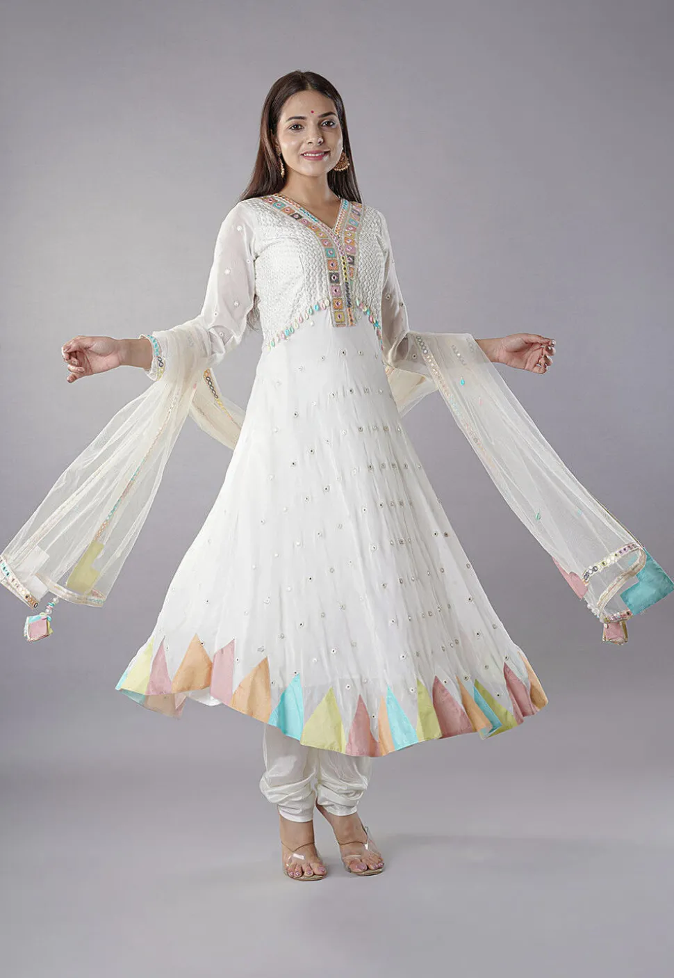 Embroidered Georgette Anarkali Suit in Off White