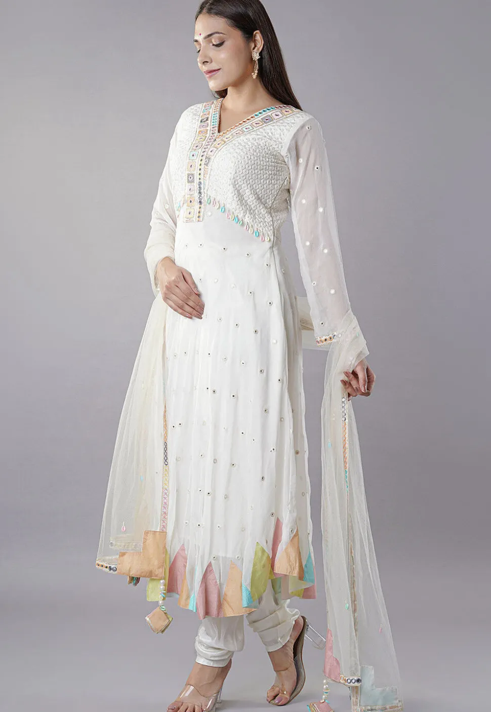 Embroidered Georgette Anarkali Suit in Off White