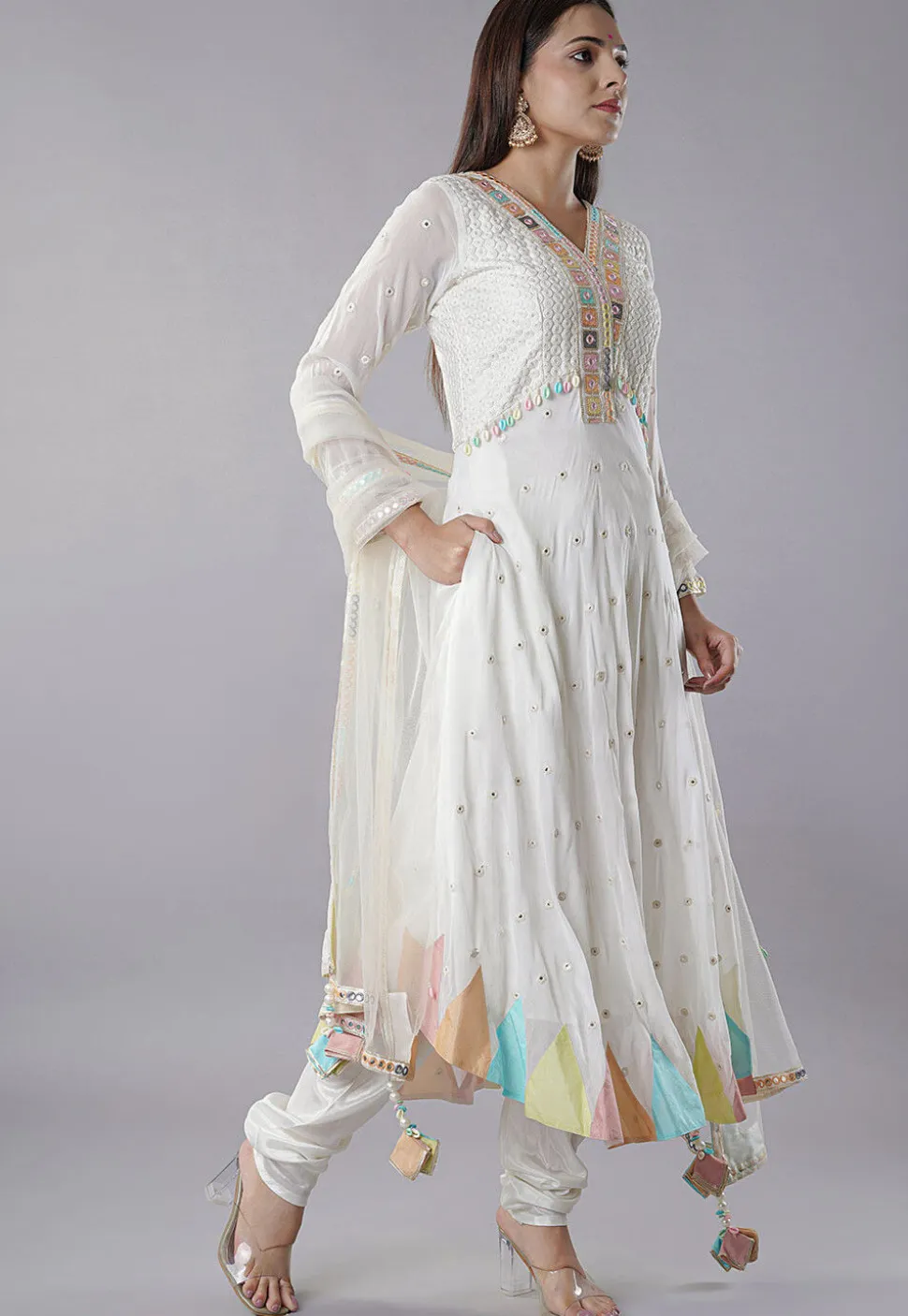 Embroidered Georgette Anarkali Suit in Off White