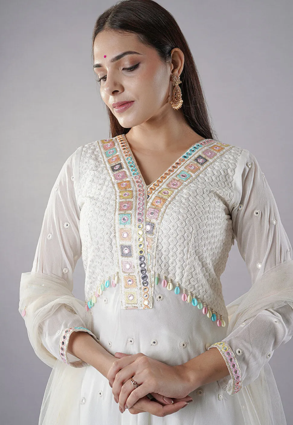 Embroidered Georgette Anarkali Suit in Off White