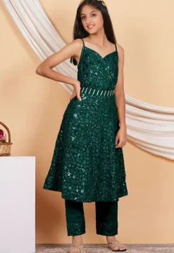 Embroidered Georgette Anarkali Kurta Set in Dark Green