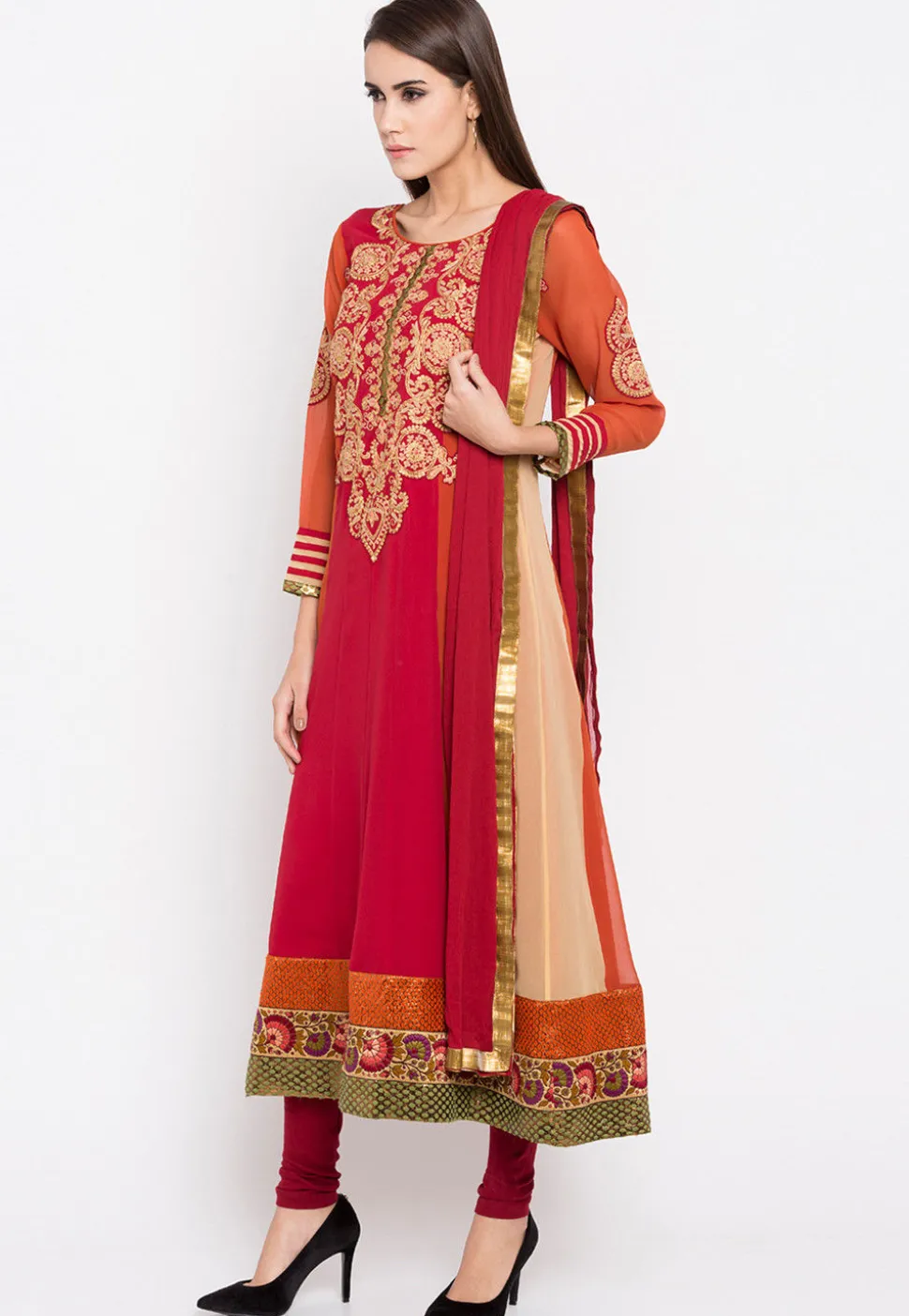 Embroidered Georgette Anarkali Suit in Multicolor