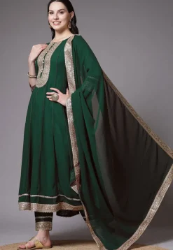 Embroidered Georgette Anarkali Suit in Dark Green