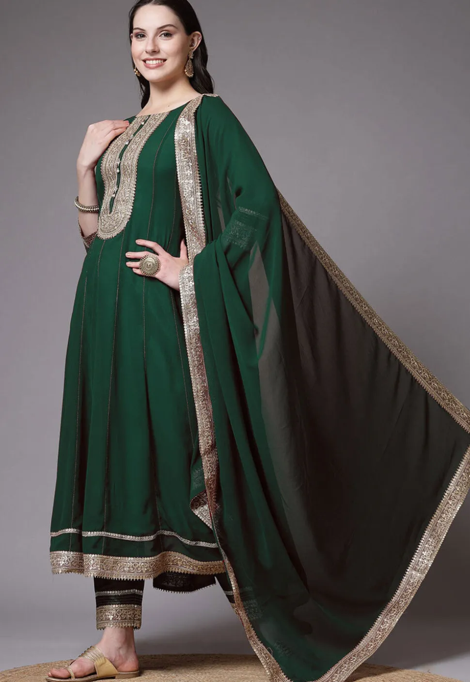 Embroidered Georgette Anarkali Suit in Dark Green