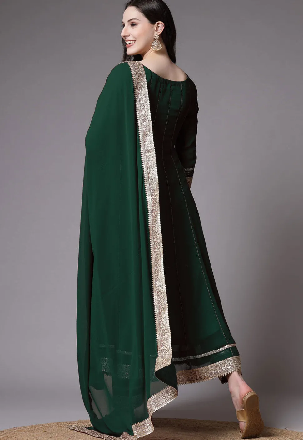 Embroidered Georgette Anarkali Suit in Dark Green