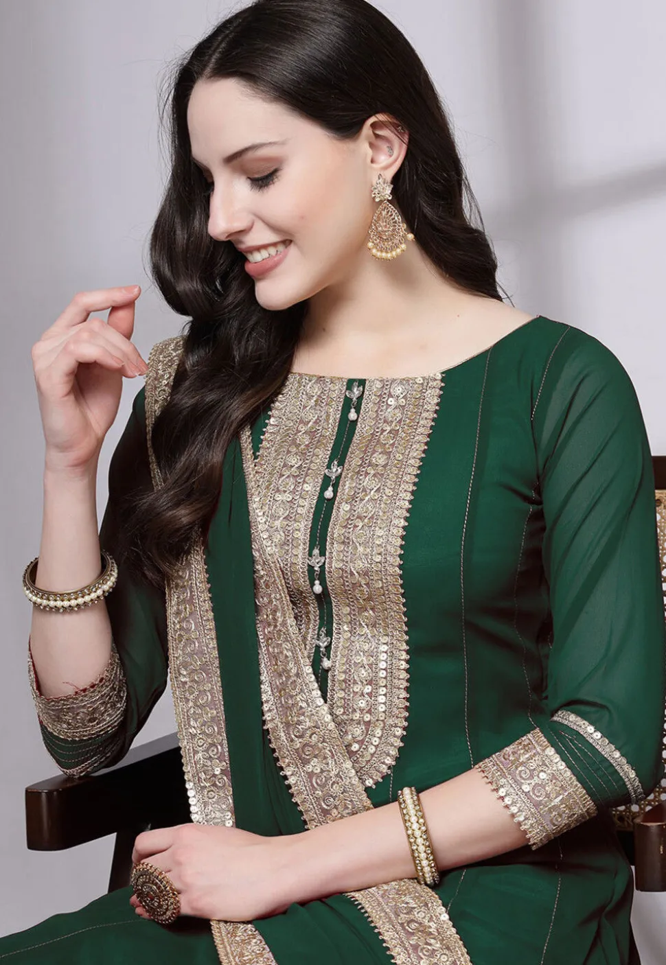 Embroidered Georgette Anarkali Suit in Dark Green