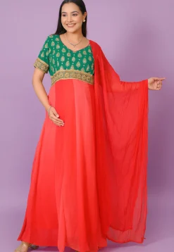 Embroidered Georgette Anarkali Suit in Shaded Red And Green