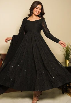 Embroidered Georgette Anarkali Suit in Black