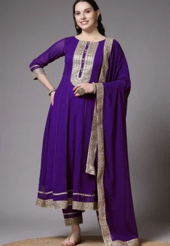 Embroidered Georgette Anarkali Suit in Dark Purple