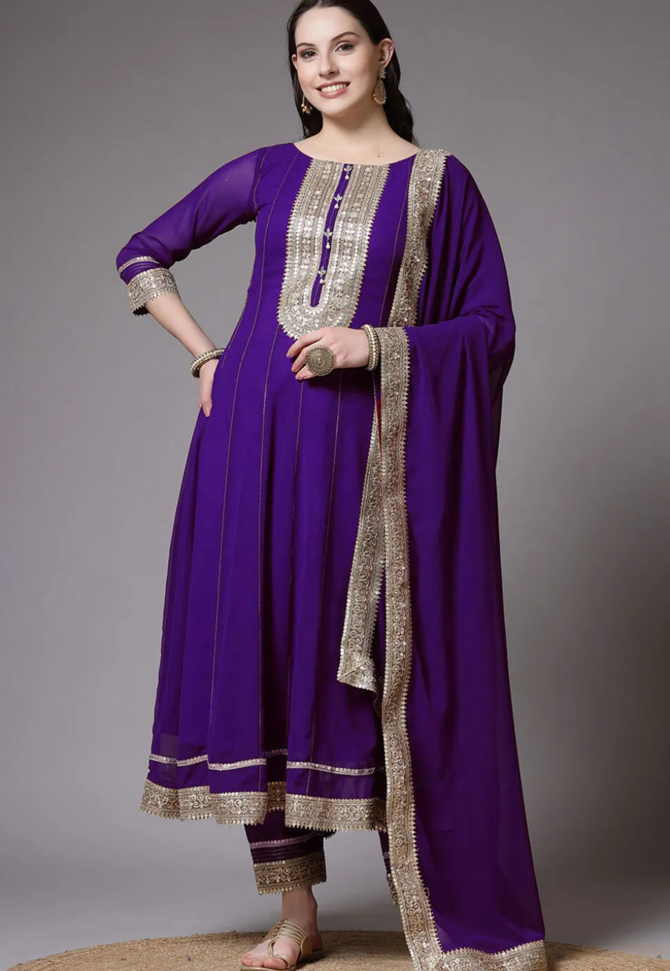 Embroidered Georgette Anarkali Suit in Dark Purple