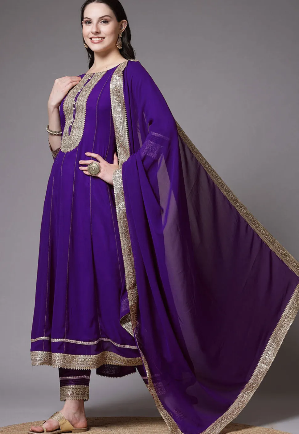 Embroidered Georgette Anarkali Suit in Dark Purple