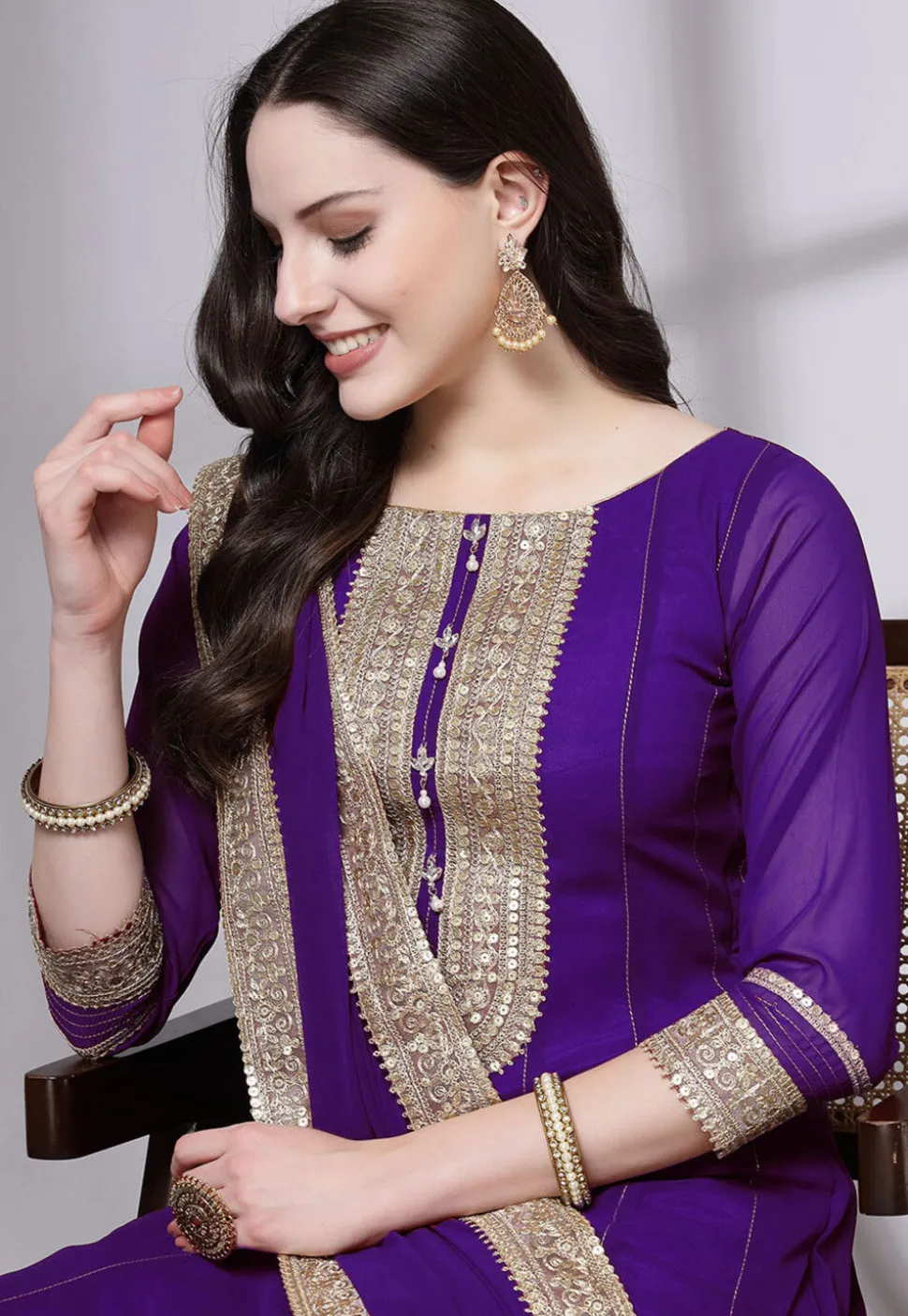 Embroidered Georgette Anarkali Suit in Dark Purple