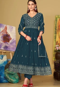 Embroidered Georgette Anarkali Suit in Teal Blue