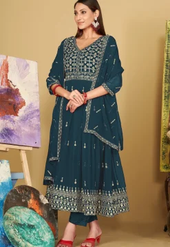 Embroidered Georgette Anarkali Suit in Teal Blue