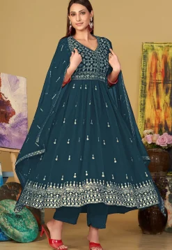 Embroidered Georgette Anarkali Suit in Teal Blue