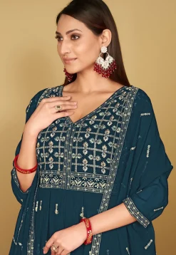 Embroidered Georgette Anarkali Suit in Teal Blue