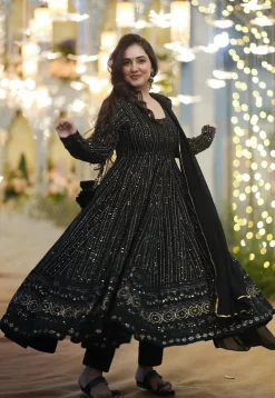 Embroidered Georgette Anarkali Suit in Black