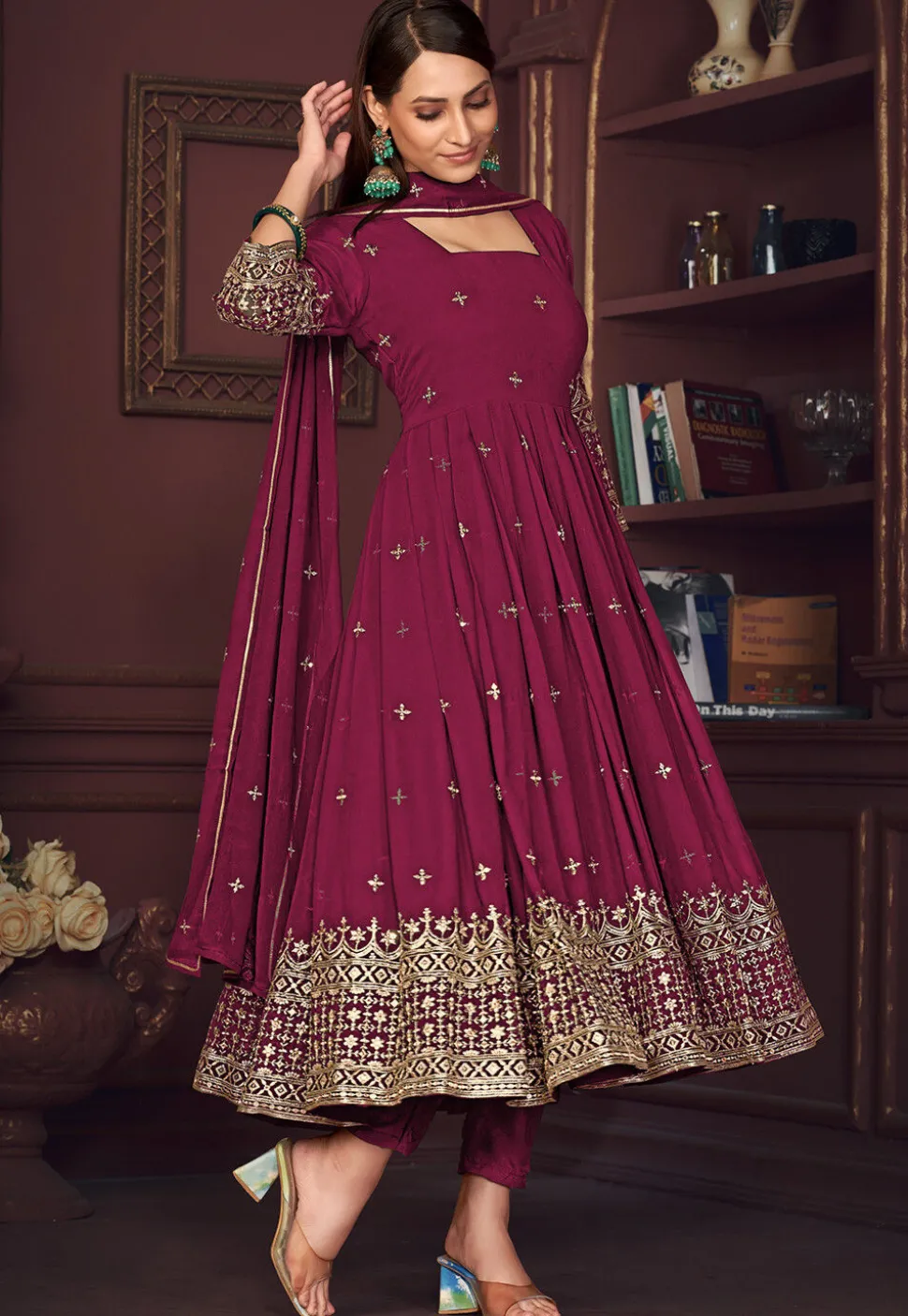 Embroidered Georgette Anarkali Suit in Dark Pink
