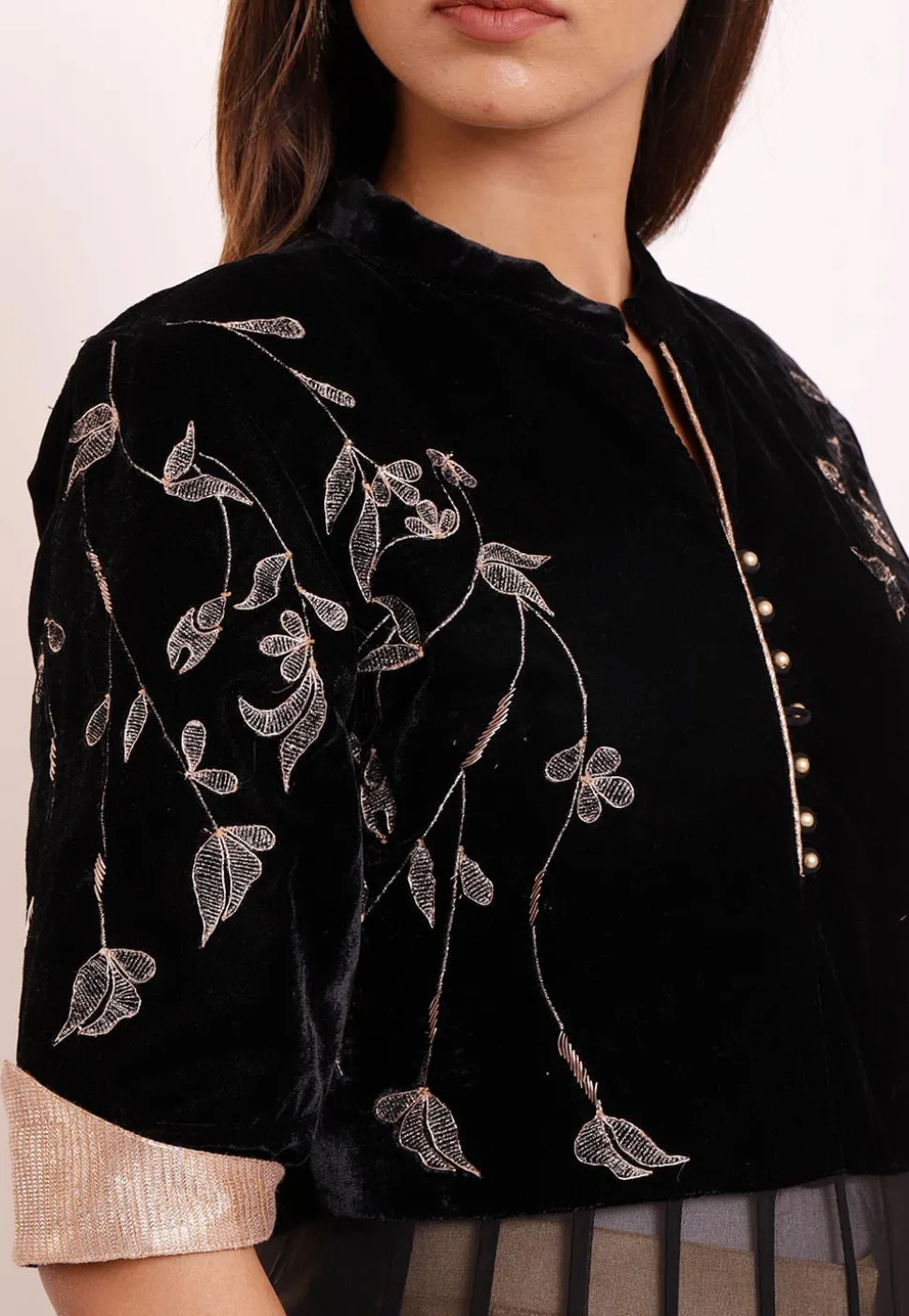 Embroidered Georgette and Velvet Abaya Style Suit in Black
