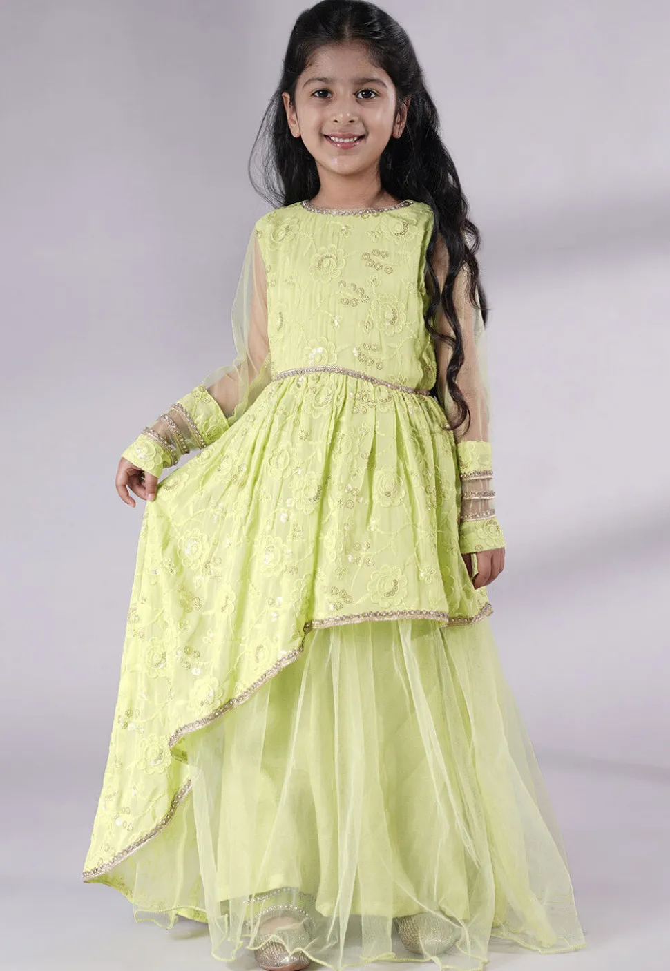 Embroidered Georgette and Net Abaya Style Suit in Light Green