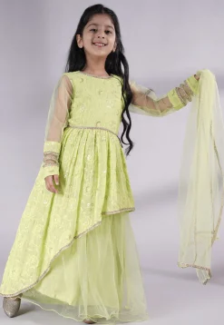 Embroidered Georgette and Net Abaya Style Suit in Light Green