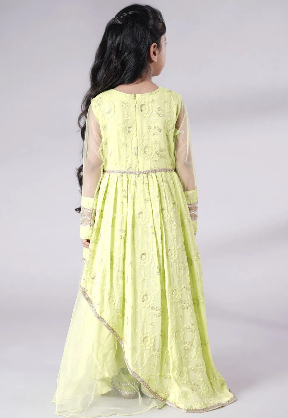 Embroidered Georgette and Net Abaya Style Suit in Light Green
