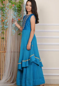Embroidered Georgette and Art Silk Layered Gown in Blue