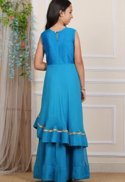 Embroidered Georgette and Art Silk Layered Gown in Blue