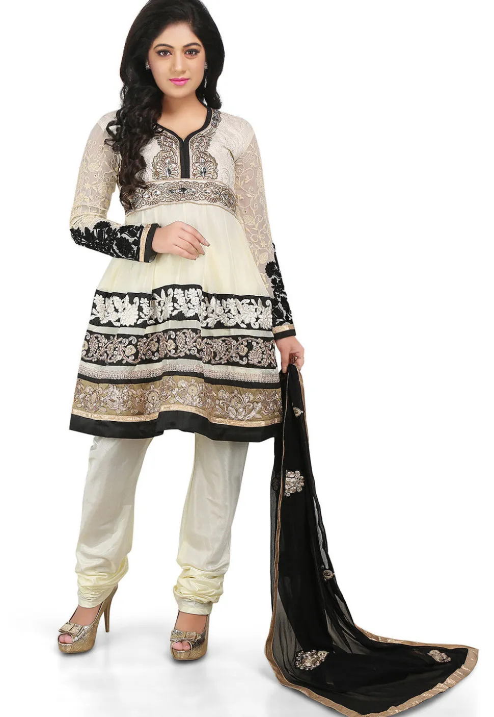 Embroidered Georgette and Brocade Anarkali Suit in Cream