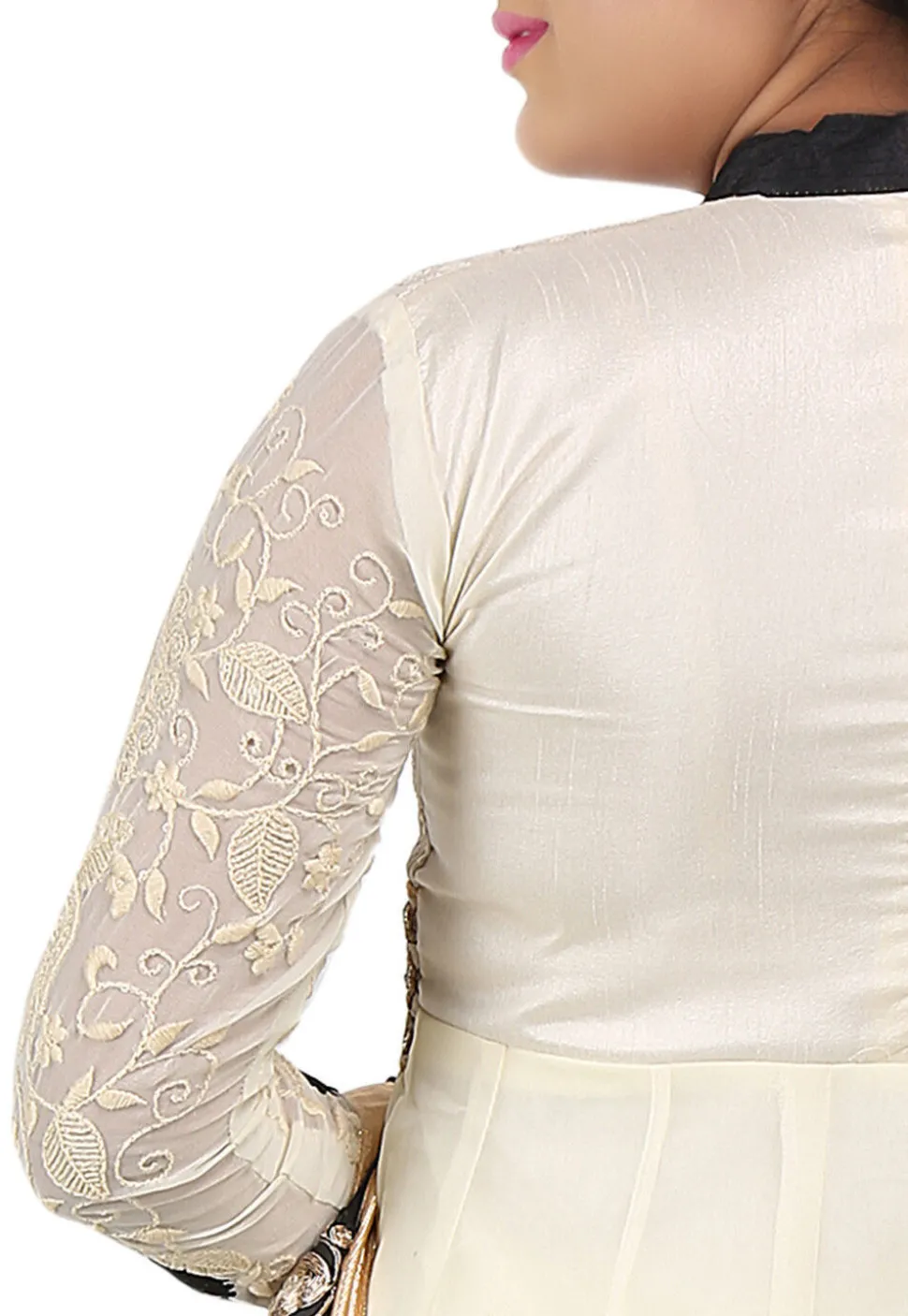 Embroidered Georgette and Brocade Anarkali Suit in Cream