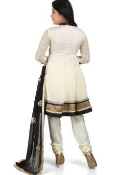 Embroidered Georgette and Brocade Anarkali Suit in Cream