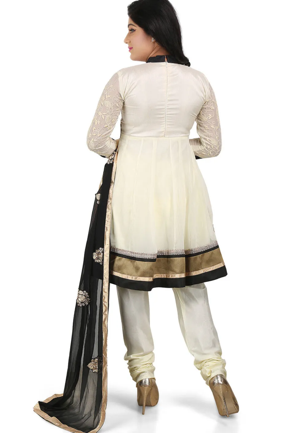 Embroidered Georgette and Brocade Anarkali Suit in Cream