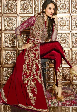 Embroidered Georgette and Net Pakistani Suit in Maroon