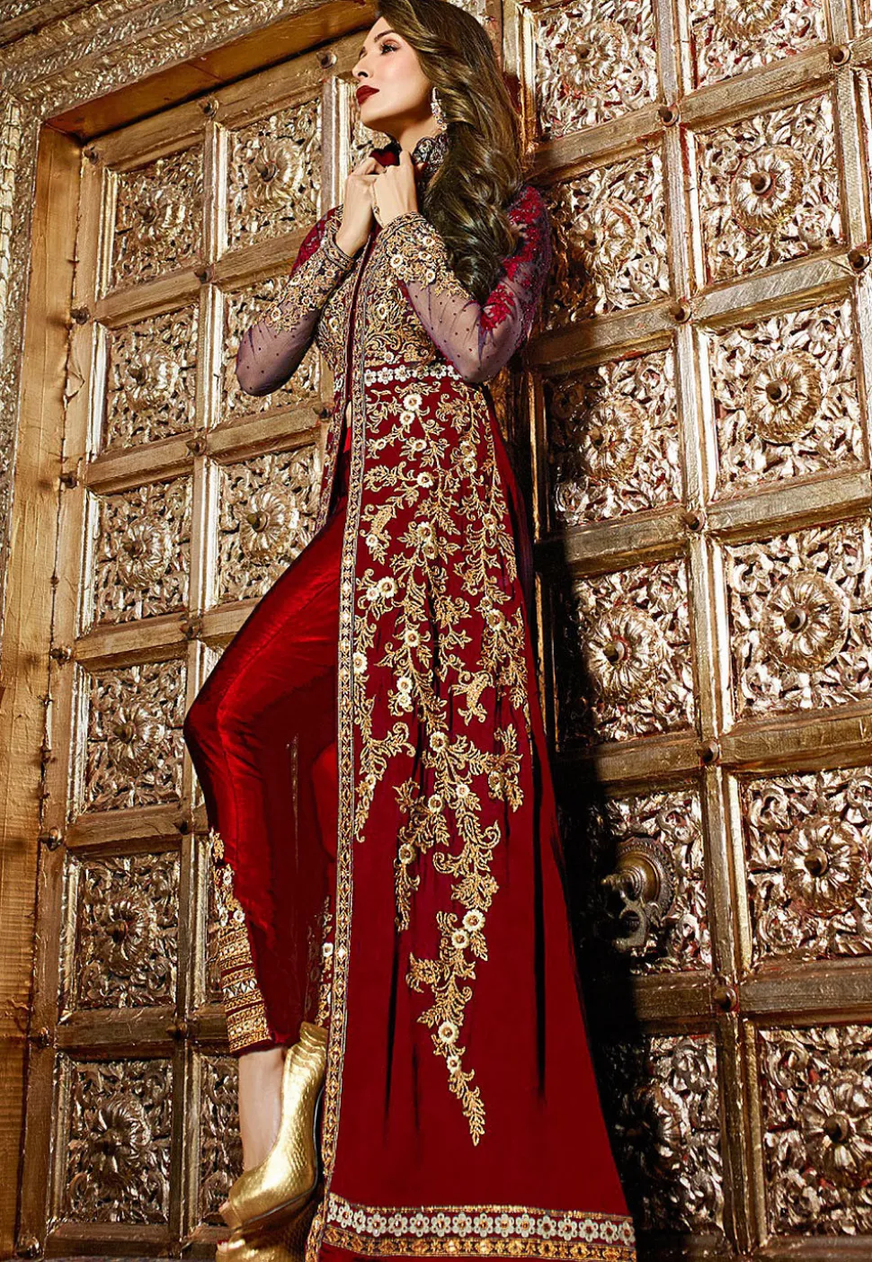 Embroidered Georgette and Net Pakistani Suit in Maroon