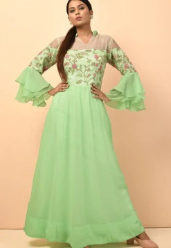 Embroidered Georgette and Net Gowns in Pastel Green
