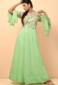 Embroidered Georgette and Net Gowns in Pastel Green