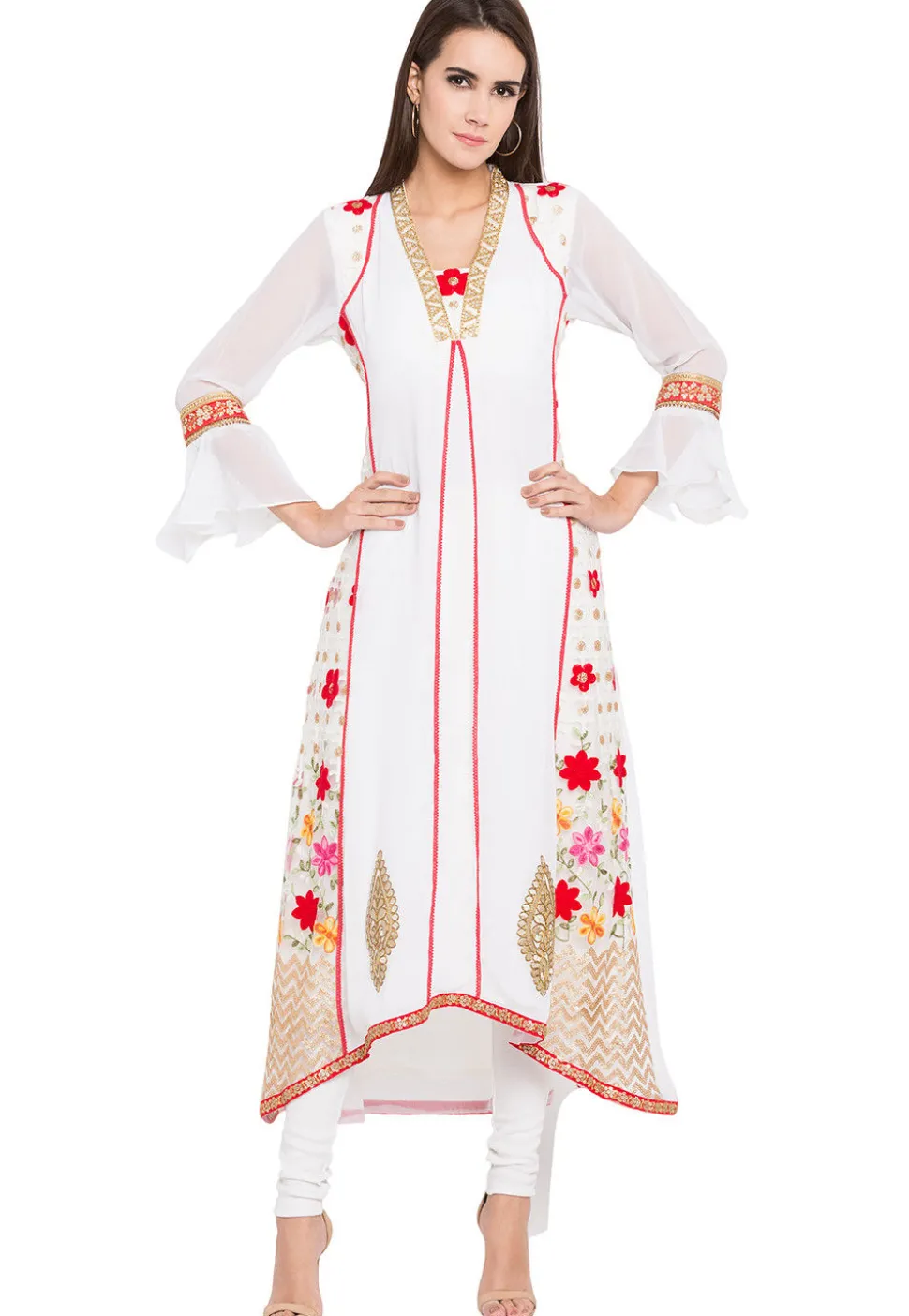 Embroidered Georgette Asymmetic Kurta in Off White