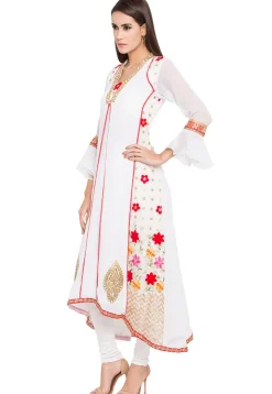 Embroidered Georgette Asymmetic Kurta in Off White